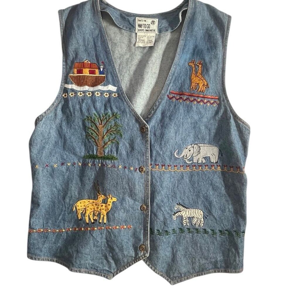 That’s The Way To Go Noah’s Ark Denim Embroidered Animals Button Up Vest